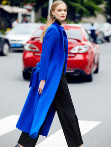 Blue Winter Overcoat Women Long Woolen Outerwear