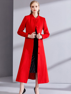 Red Winter Coat Long Sleeve Stand Collar Women's Wool Coats