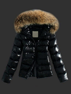 Women Jacket Black Puffer Coat Faux Fur Hooded Long Sleeves Quilted Jacket For Winter