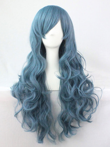 Halloween Hair Wigs Carnival Hair Wigs Side Swept Bangs Body Wave Long Tousled Women Teal Synthetic Wigs