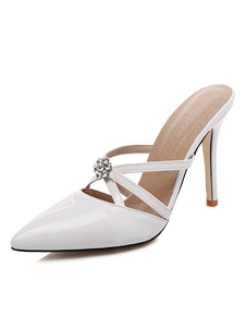 White Women Mule Shoes Pointed Toe Rhinestones Backless High Heels