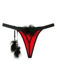 Red G String Thong Two Tone Faux Fur Pom Poms Sexy Women Panties