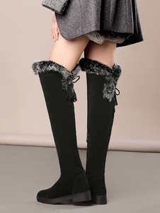 Overknees Stiefel mit Blockabsatz Veloursleder Kunstfell Damen Winter Schuhe