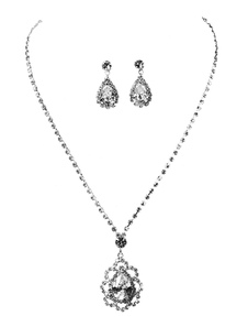 Wedding Jewelry Set Silver Rhinestones Lobster Claw Clasp Bridal Pendant Necklace With Pierced Earrings