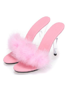 Pink Sexy Shoes Women's Open Toe High Heel Stiletto Fur Summer Mules