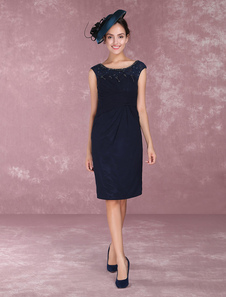 Brautmutterkleider Etui- Abendkleider für Hochzeit Chiffon Cocktailkleider Dunkelmarineblau Hochzeit ärmellos mit Rundkragen knielang