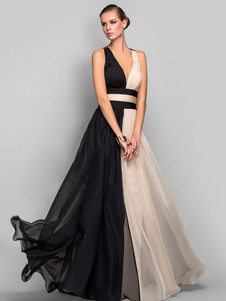 Вечернее платье макси двухцветное шифоновое платье с глубоким вырезом сзади