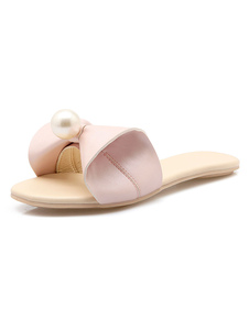 Pink Mules Shoes Slides Women Open Toe Bow Pearls Backless Sandals Flat Sandal Slippers