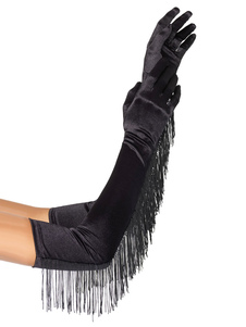 Women Black Gloves Fringe Elbow Length Nylon Gloves