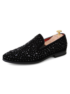 Mens Black Glitter Loafers Studded Shoes with Slip on Prom Dress Shoes