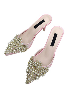 Women Mules Shoes High Heels Pointed Toe Pearls Backless Slip On Shoes