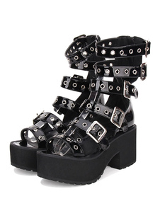 Gothic Lolita Sandal Grommet Buckle Platform Chunky Heel PU Black Lolita Shoes