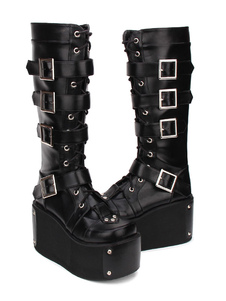 Gothic Lolita Boots Buckle Rivet Platform PU Black Lolita Footwear