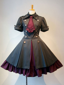 Vestido gótico de lolita OP Botón de corbatín con volantes de estilo militar Vestido de una pieza de lolita burdeos