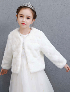 Wedding Flower Girls Jacket Faux Fur Ivory Long Sleeve Winter Wraps