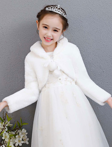 Faux Fur Stole Flower Girl Jacket Pom Poms Shrug Winter Shawl For Kids