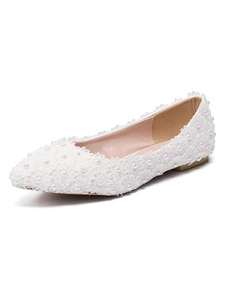Sapatos De Casamento Branco Rendas Apontou Toe Pérolas Sapatos De Noiva Plana