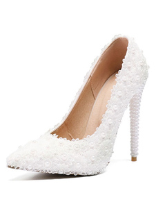 Zapatos de novia de encaje Zapatos de Fiesta de tacón de stiletto Zapatos blanco Zapatos de boda de puntera puntiaguada 11cm con perlas