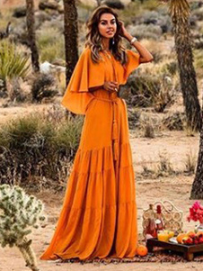Maxikleid Kurzarm Sommerkleider lang Orange Damenmode mit Rundkragen für Herbst und Sommer und Straßen-Style maxi kleid Chiffon Kleider