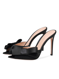 High Heel Evening Shoes Satin Peep Toe Bow Backless Mules Shoes Women Party Shoes