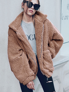 Teddy Bear Coat Faux Fur Jacket Wool Long Sleeve Shearling Jacket Light Tan Winter Coat For Women