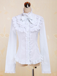Lolitashow White Cotton Lolita Blouse Long Sleeves Stand Collar Lace Trim Ruffles Bow