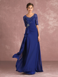 Abito per la madre della sposa svasato blu reale mit Schleppe con scollo a V mezze maniche zip forato perline 