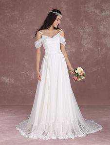 Robe de mariée bohème à bretelle zip sur dos à traîne Robe de mariée milanoo