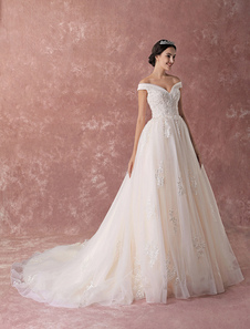 Princess Wedding Dresses Ball Gown Champagne Off The Shoulder Lace Beading Luxury Bridal Dress With Train