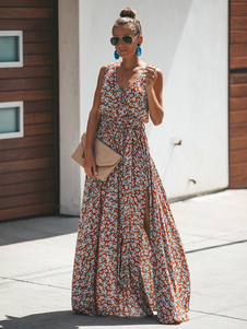 Vestido largo Color ladrillo  Moda Mujer sin mangas de rayón Vestidos con estampado de flores con abertura con cuello en V estilo moderno Verano