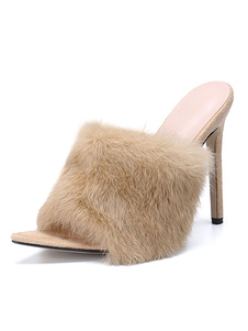 High Heel Mules Women Peep Toe Fur Detail Stiletto Mule Shoes