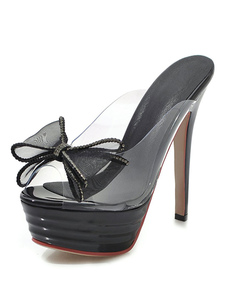 High Heel Sandals Black Platform Open Toe Bow Backless Sandal Slippers