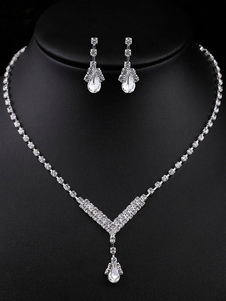 Earrings Necklace Set Wedding Jewelry Silver Rhinestones Bridal Accessories