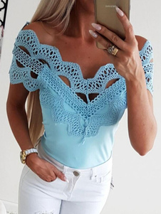 Women Casual T Shirt Eyelet Embroidery Short Sleeve Lace Off The Shoulder Summer Top