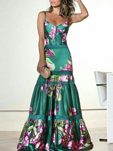 Vestido De Festa Maxi 2021 Mulheres Floral Impressão Vestido De Trompete Sem Mangas