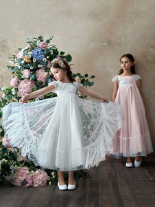 Flower Girl Dresses Square Neckline Tulle Sleeveless Ankle Length Princess Silhouette Ruffles Kids Social Party Dresses
