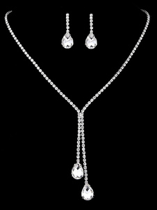 Wedding Jewelry Set Silver Rhinestone Drops Necklace With Earrings