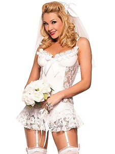 Disfraz Carnaval Disfraces de novia de mujer blanca de encaje con volantes de peluche trajes atractivos Halloween Carnaval Halloween
