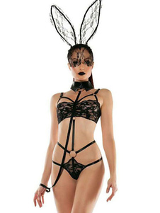 Sexy Bunny Costume Lace Strappy Grommet 3 Piece Women Costume Carnival