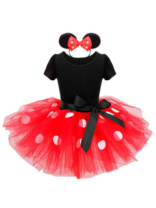 Costumes Enfants Mickey Mouse Déguisements Halloween Ensembles Robe à Col Rond avec Manches Courtes Coupe Cintrée à Lacets Bas Evasée en Pois avec Epingle à cheveux