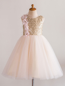 Flower Girl Dresses Jewel Neck Tulle Sleeveless Knee Length Princess Silhouette Flowers Kids Social Party Dresses