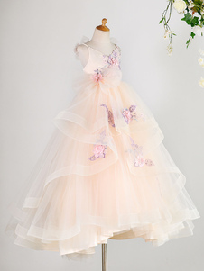 Blumenmädchen Kleider Prinzessin Champagner       Abendkleider für Hochzeit mit Schleppe V-Ausschnitt Satingewebe ärmellos kleid blumenmädchen