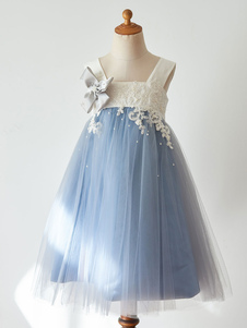 Blumenmädchen Kleider Prinzessin Babyblau Abendkleider für Hochzeit knielang viereckiger Ausschnitt Tüll ärmellos kleid blumenmädchen