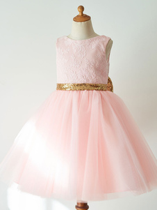 Flower Girl Dresses Bows Sleeveless Jewel Neck Pink Kids Party Dresses