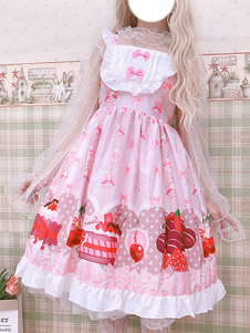 Sweet Lolita JSK Kleid Bedruckte Rüschen und Schleifen Pink Red Lolita Pullover Röcke