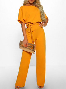 Женские комбинезоны с желтыми шеями и короткими рукавами прямые летние