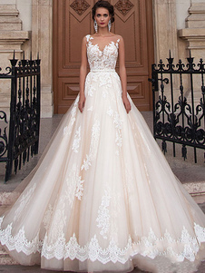 Wedding Dresses 2023 Jewel Illusion Neck Sleeveless A Line Lace Flora Applique Bridal Gowns With Train