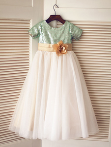 A Line Princess Scoop Tulle Sequin Short Sleeves Tea Length Flower Girl Dresses
