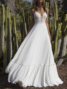Boho Wedding Dresses 2024 Chiffon V Neck A Line Straps Sleeveless Bows Lace Bridal Gowns Ruffle Hem Bridal Dress For Beach Wedding