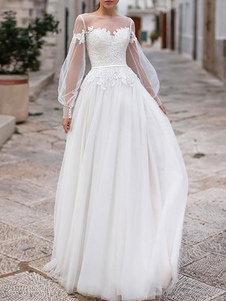 Simple Plus Size Wedding Dresses 2023 A Line Illusion Neck Long Sleeve Lace Applique Tulle Boho Wedding Gowns